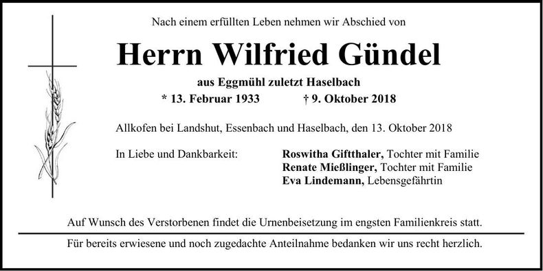 Traueranzeige Wilfried Gündel