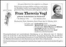 Traueranzeige Theresia Vogl