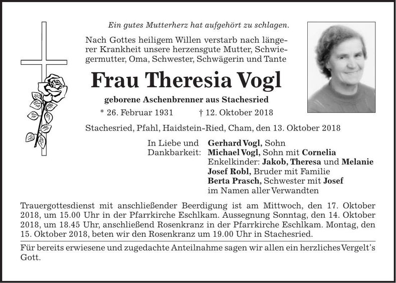 Traueranzeige Theresia Vogl