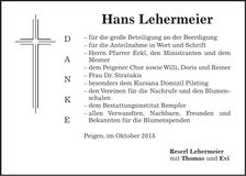 Traueranzeige Hans Lehermeier