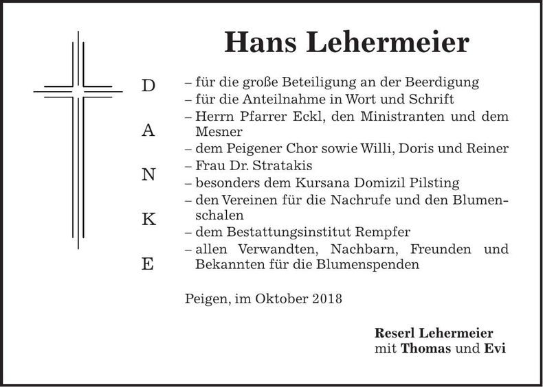Traueranzeige Hans Lehermeier