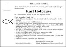 Traueranzeige Karl Hofbauer