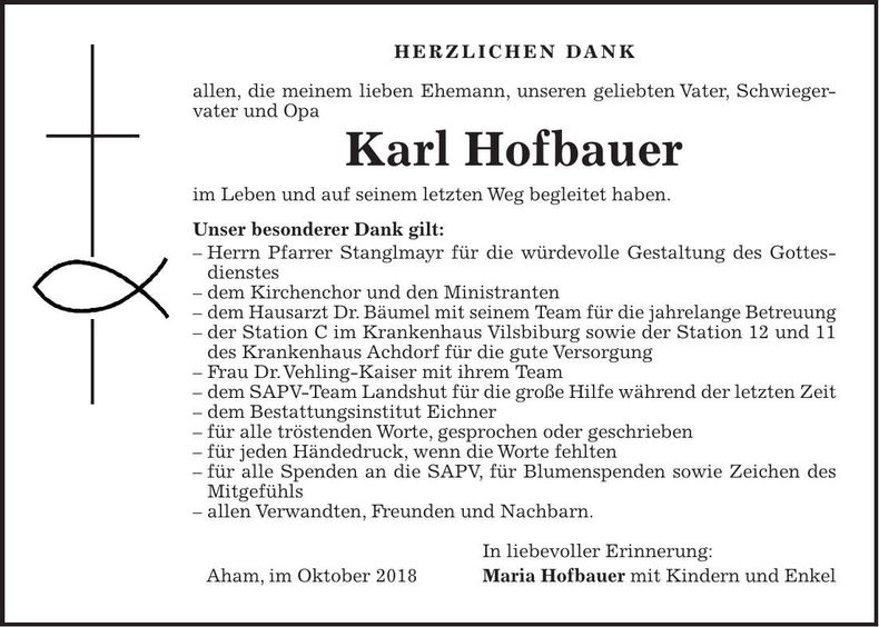 Traueranzeige Karl Hofbauer