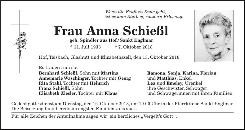 Traueranzeige Anna Schießl