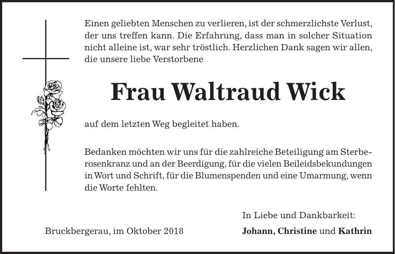 Traueranzeige Waltraud Wick