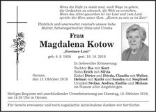Traueranzeige Magdalena Kotow
