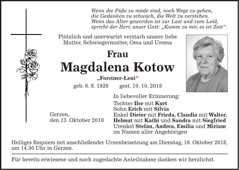 Traueranzeige Magdalena Kotow