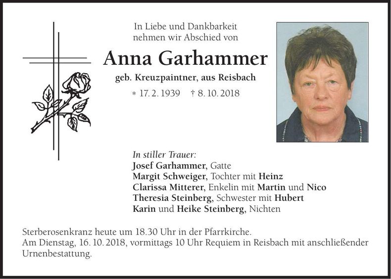 Traueranzeige Anna Garhammer