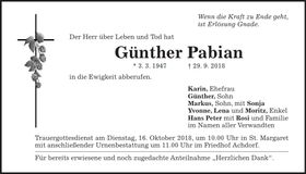 Traueranzeige Günther Pabian
