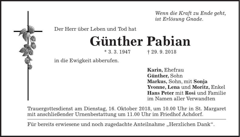 Traueranzeige Günther Pabian