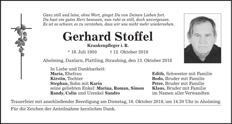 Traueranzeige Gerhard Stoffel