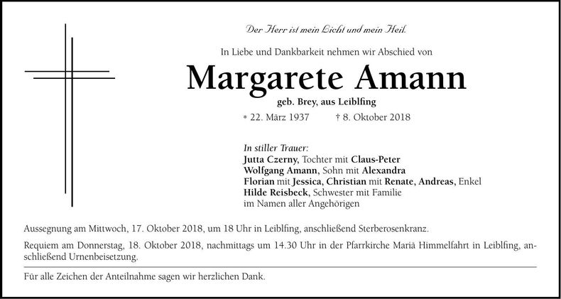 Traueranzeige Margarete Amann