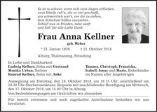 Traueranzeige Anna Kellner