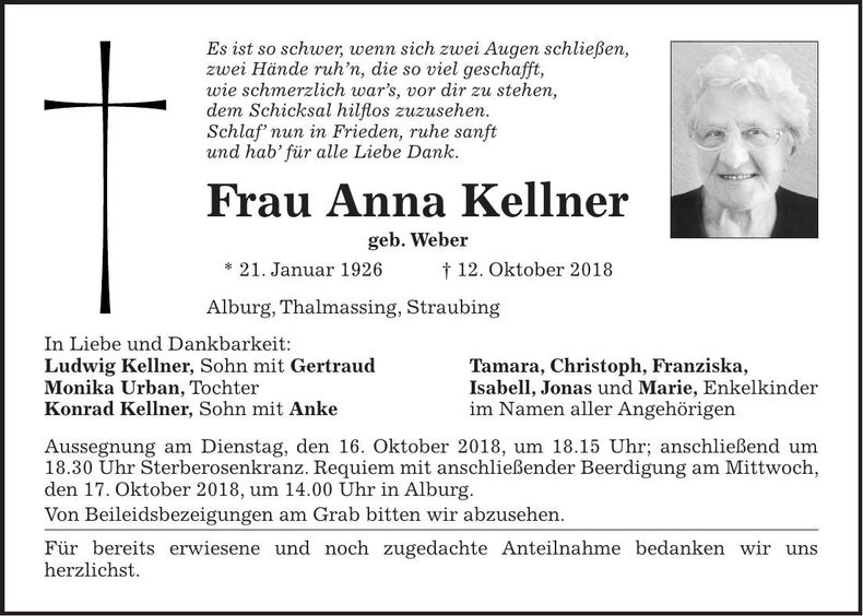 Traueranzeige Anna Kellner