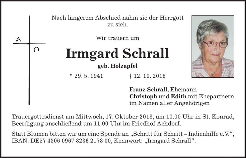 Traueranzeige Irmgard Schrall