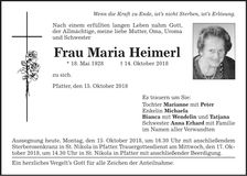 Traueranzeige Maria Heimerl