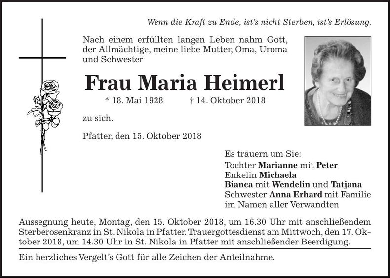 Traueranzeige Maria Heimerl