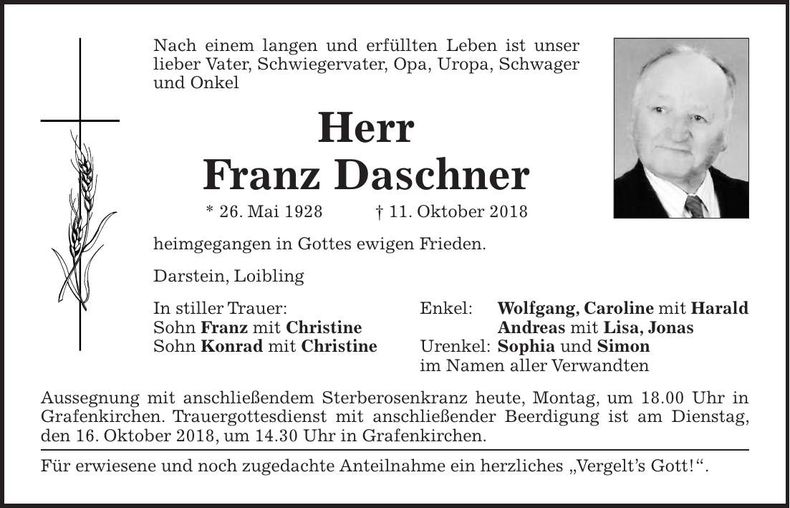 Traueranzeige Franz Daschner