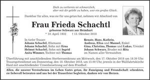 Traueranzeige Frieda SchachtL