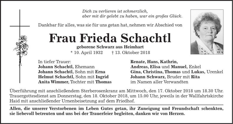 Traueranzeige Frieda SchachtL