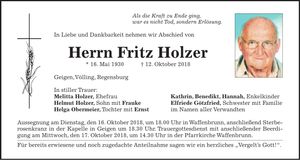 Traueranzeige Fritz Holzer
