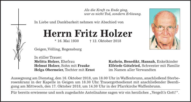 Traueranzeige Fritz Holzer