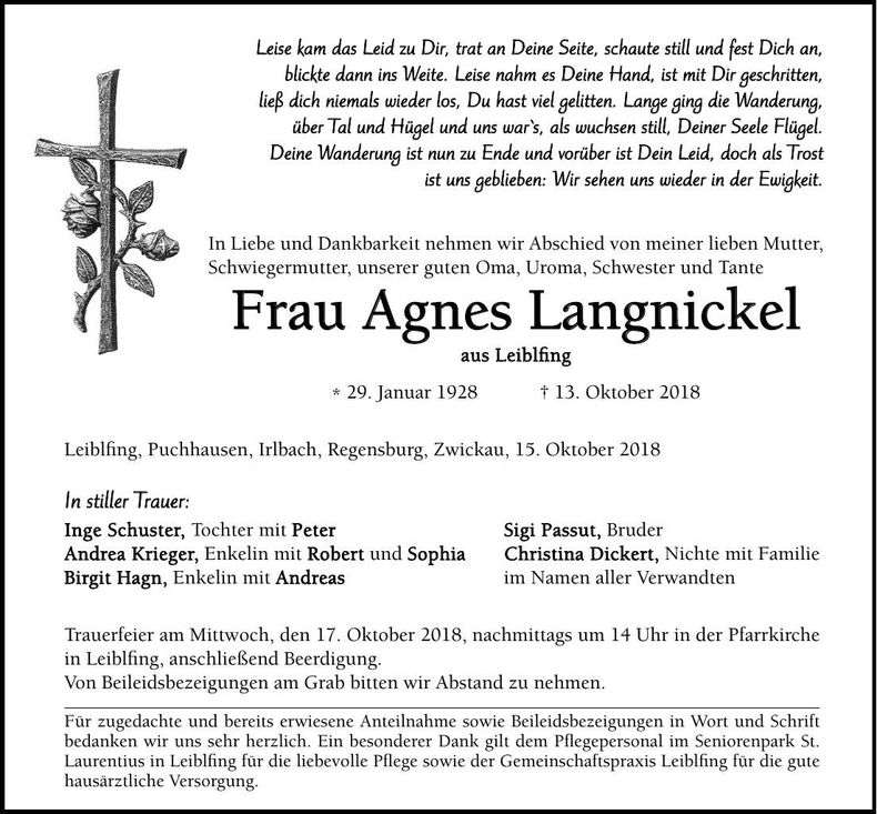 Traueranzeige Agnes Langnickel
