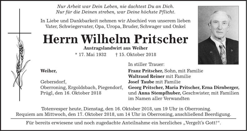 Traueranzeige Wilhelm Pritscher