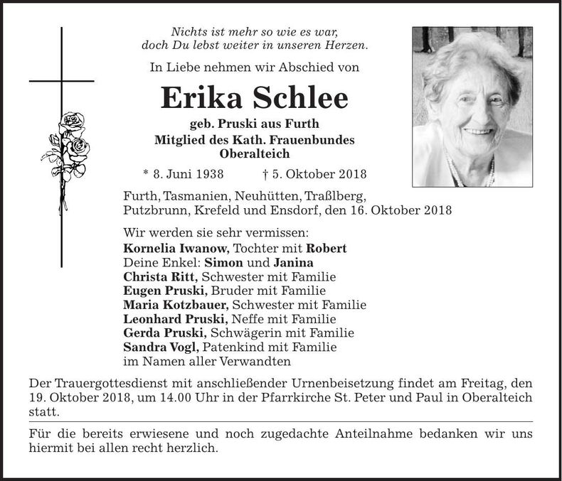 Traueranzeige Erika Schlee