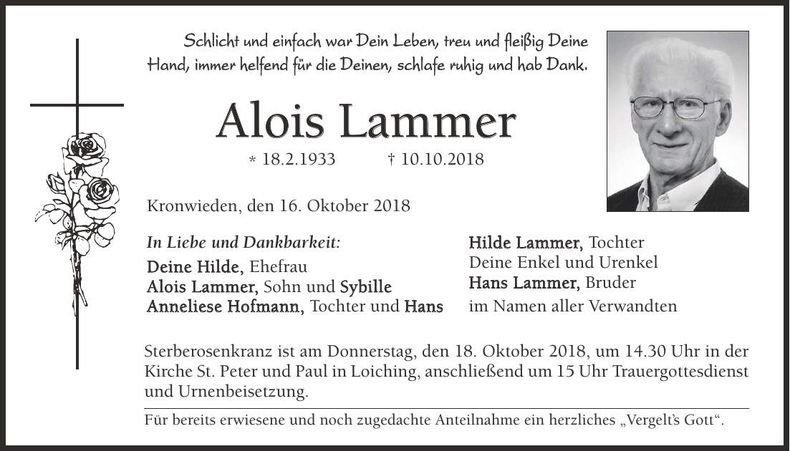 Traueranzeige Alois Lammer