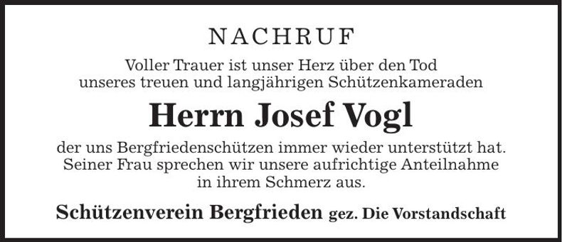 Traueranzeige Josef Vogl