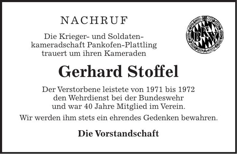 Traueranzeige Gerhard Stoffel