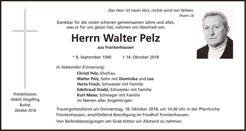 Traueranzeige Walter Pelz