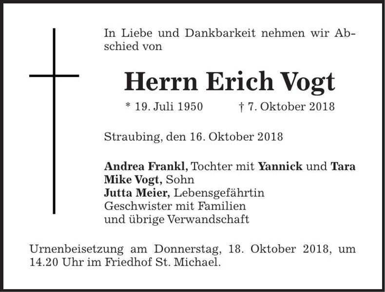 Traueranzeige Erich Vogt
