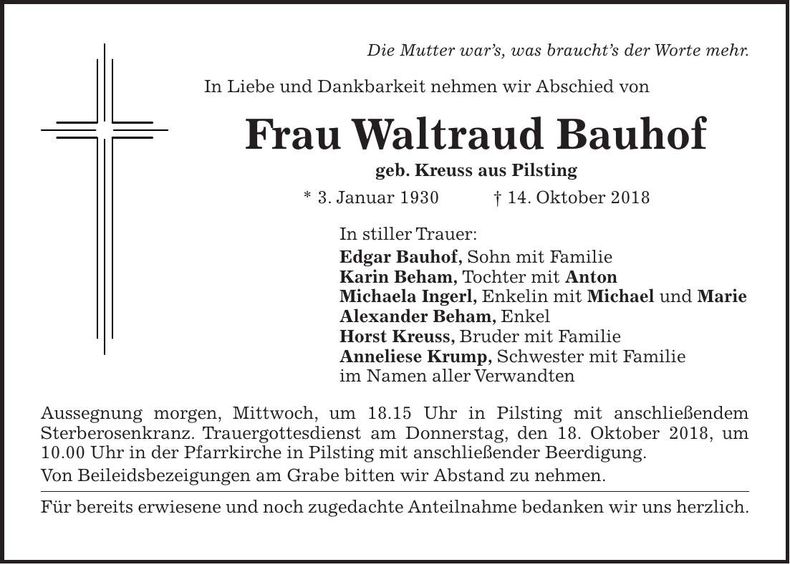 Traueranzeige Waltraud Bauhof
