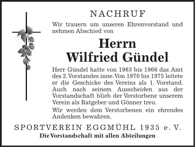 Traueranzeige Wilfried Gündel