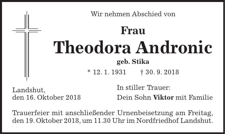 Traueranzeige Theodora Andronic