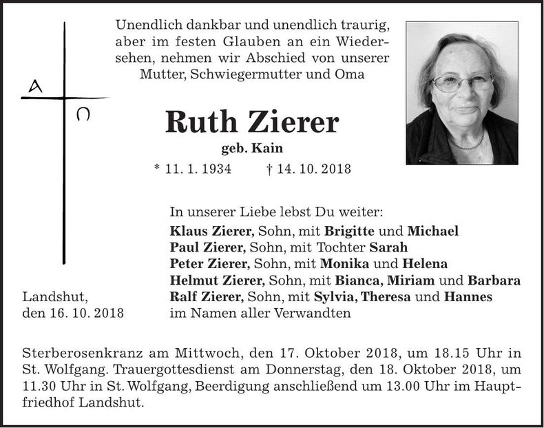 Traueranzeige Ruth Zierer