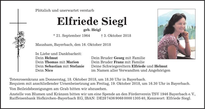 Traueranzeige Elfriede Siegl