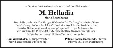 Traueranzeige Maria Ritzenbeger