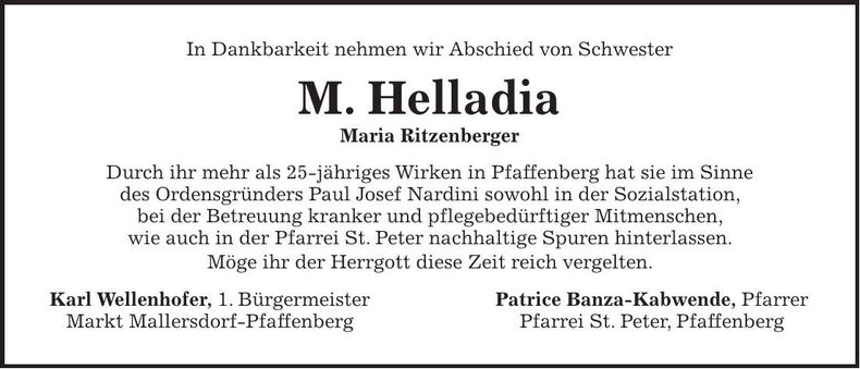 Traueranzeige Maria Ritzenbeger