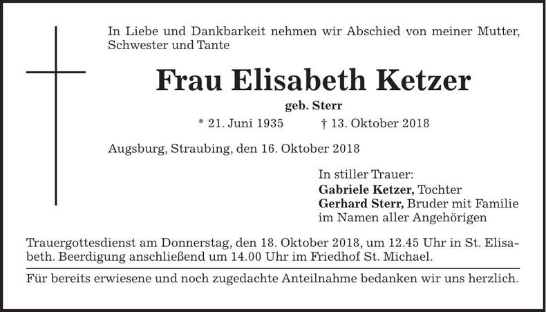 Traueranzeige Elisabeth Ketzer