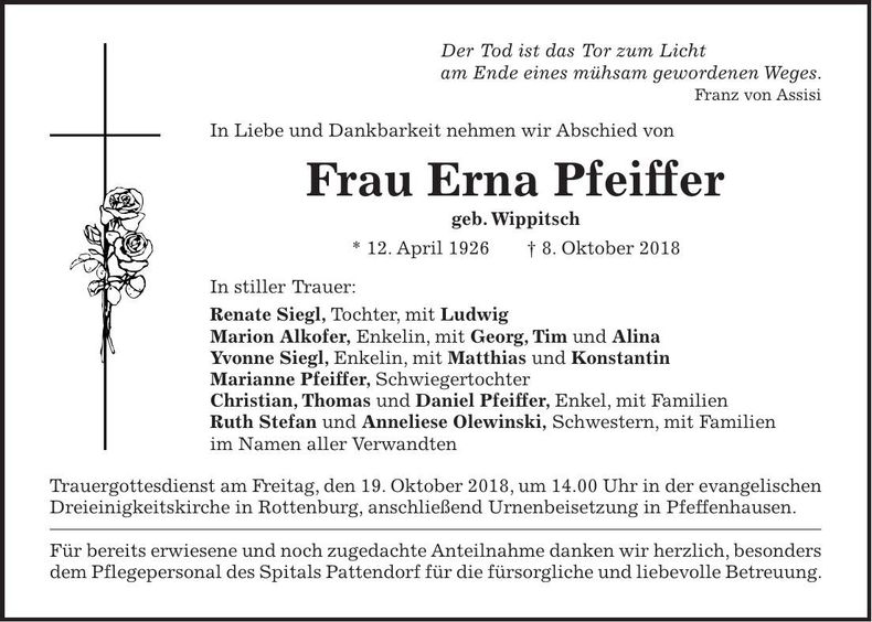 Traueranzeige Erna Pfeiffer