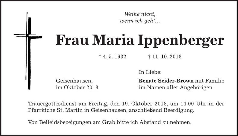 Traueranzeige Maria Ippenberger