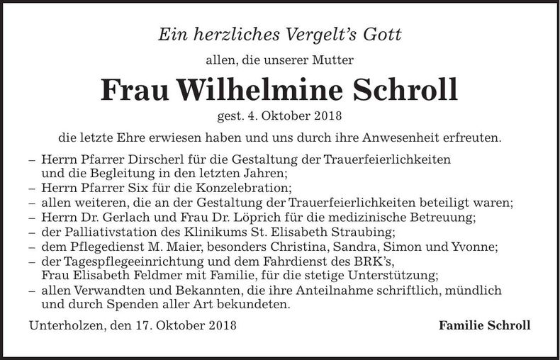 Traueranzeige Wilhelmine Schroll