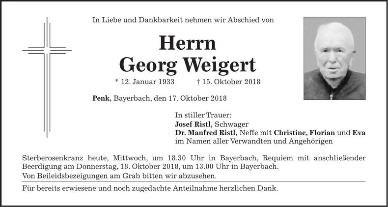 Traueranzeige Georg Weigert
