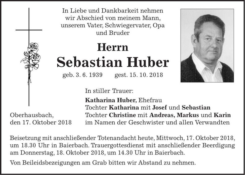 Traueranzeige Sebastian Huber