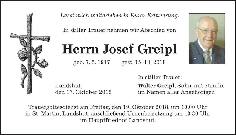 Traueranzeige Josef Greipl