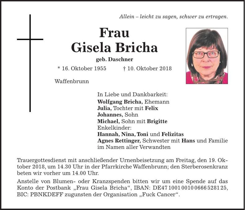 Traueranzeige Gisela Bricha