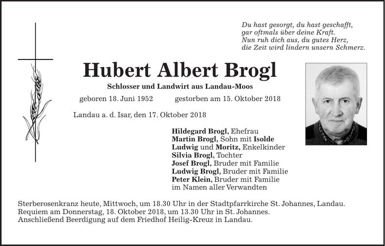 Traueranzeige Hubert Albert Brogl